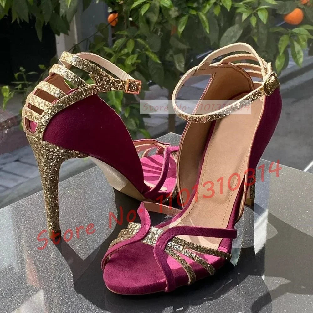 Fuchsia Suede Glitter Cross Strap Sandals for Women