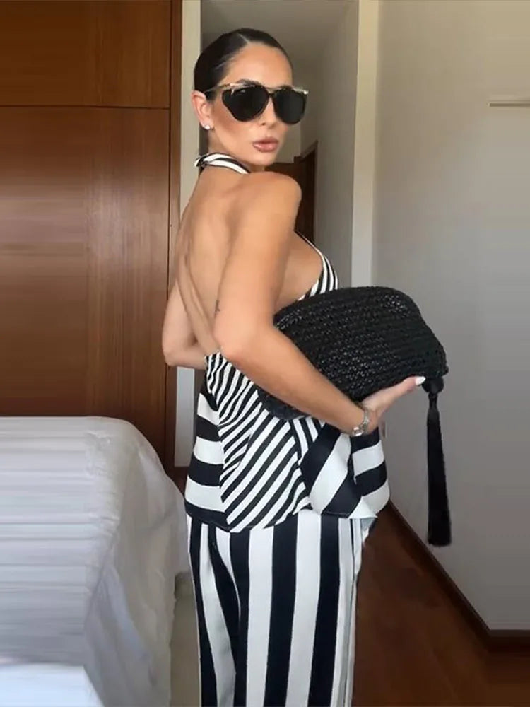 Striped Criss Cross Halter Two Piece Wide Leg Pants Set For Women