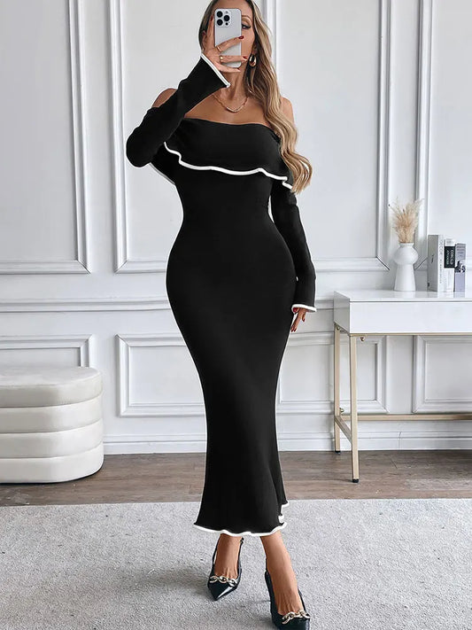 Women New Dresses Spring Fashion Long Sleeves High Quality Maxi Dress Black Sexy Backless Strapless Lady Elegant Dress Clothing