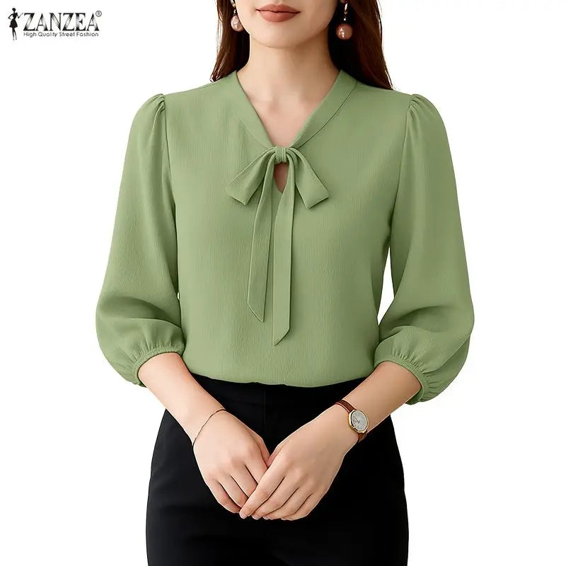 Crinkled Bow Tie Neck Puff Sleeve Blouse for Women