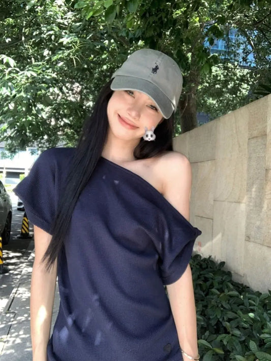Waffle Off shoulder Short sleeve T shirt Women Elegant Youth Summer Top Korean Chic Holiday Lady Casual Tee 2025