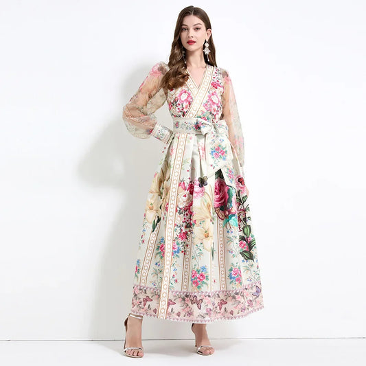 Retro Court Style V-Neck Lace Lantern Sleeve Belted Waist Design Large Print Dress Floral Print Women's Dress Fashionable Gown