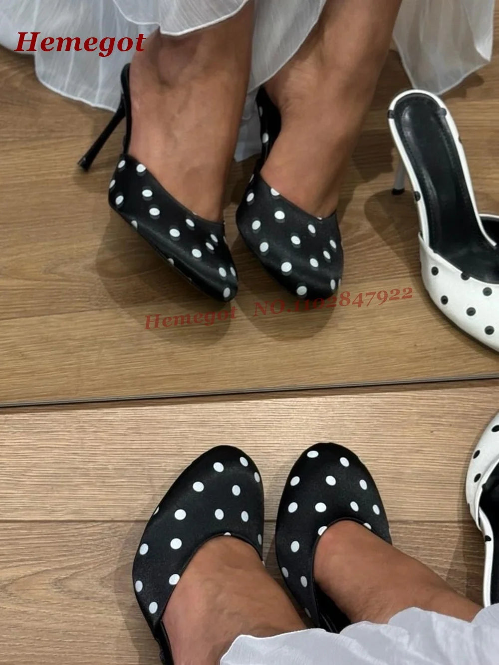 Polka Dot Satin Round Toe Stiletto Heels for Women