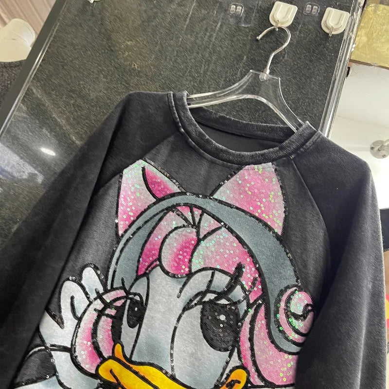 2025 Autumn Winter Heavy Loose Fashion Washed Cartoon Mid-Length Round Neck Hoodies Coat Popular Long-sleeves Sweatshirt Jacket