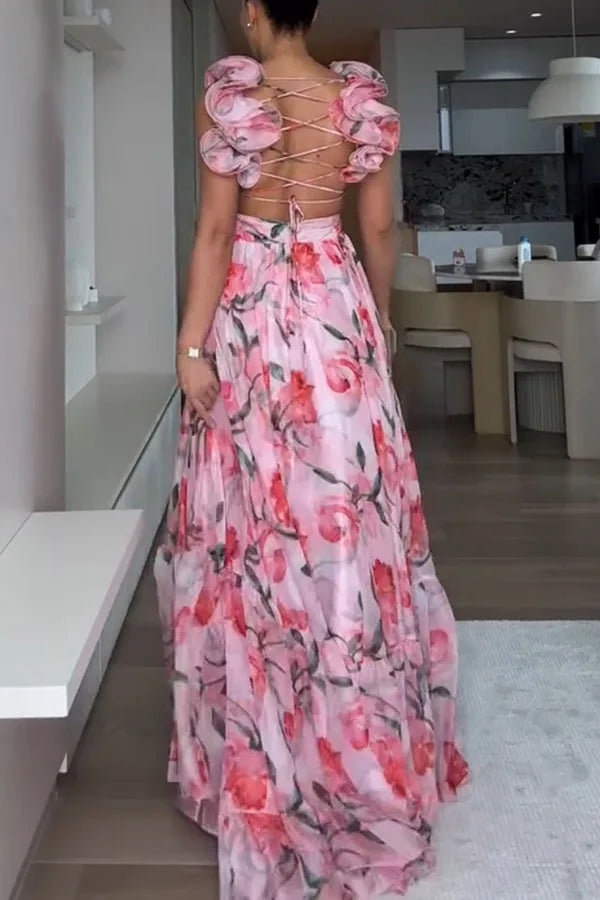 2025 Sexy Printed Chiffon Long Dress Summer Fashion Elegant V Neck Ruffles Edge Slim Vacation Sleeveless Backless Party Dresses