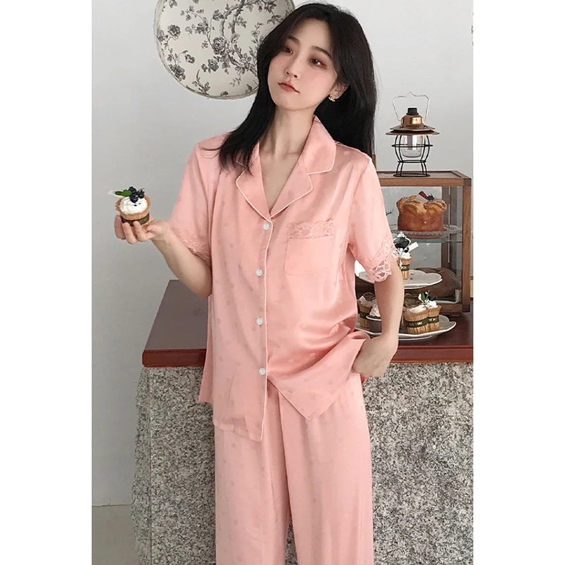 Y2k Pink Sweet Dot Lace Jacquard Women Pajamas French Romantic Lazy Lady Nightgown 2024 New Summer Korean Harajuku Home 2pc Set