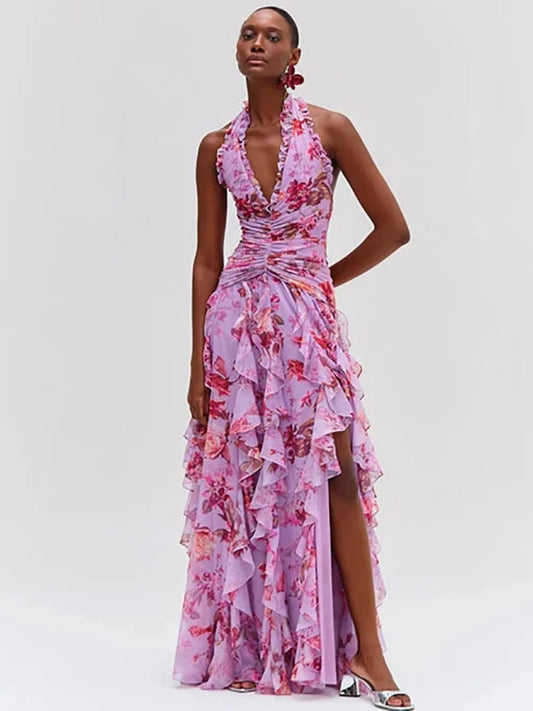 Elegant Women's Halter Floral Print Maxi Dress High Slit Flowy Summer Party Wear Fashionable Ruched Bodice Deep V-Neck Design
