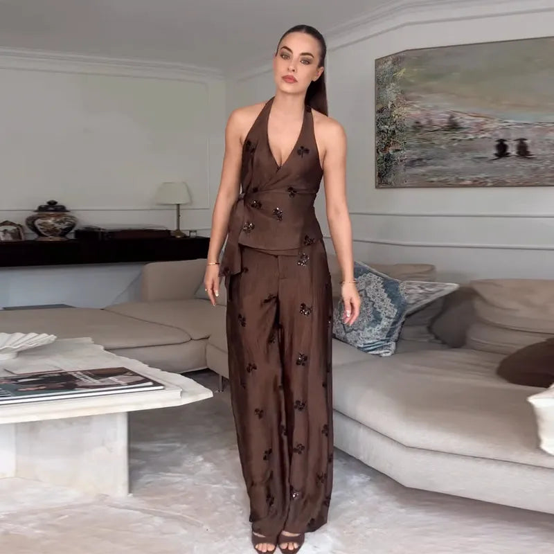 Elegant Sequin Halter Top and Wide Leg Pants Two Piece Set for Women