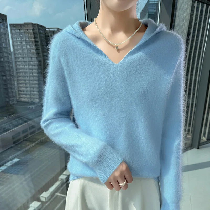 Loose Fit Thick Knit Hooded V-Neck Sweater for Women