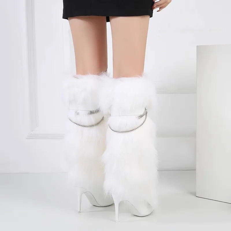 Elegant Faux Fur Knee High Stiletto Boots for Women