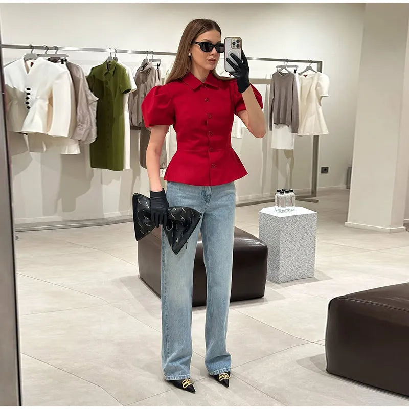 Elegant Puff Sleeve Turn-Down Collar Shirt for Women