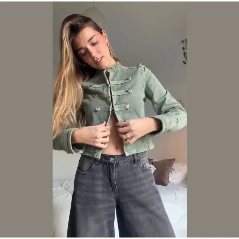 Elegant Slim Fit Stand Collar Denim Jacket Set for Women