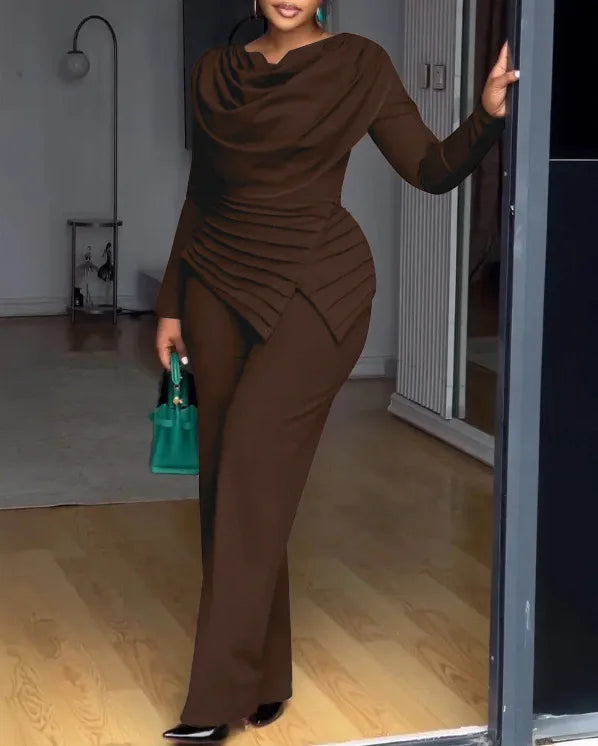 Casual Pile Collar Two Piece Wide Leg Pants Set for Women