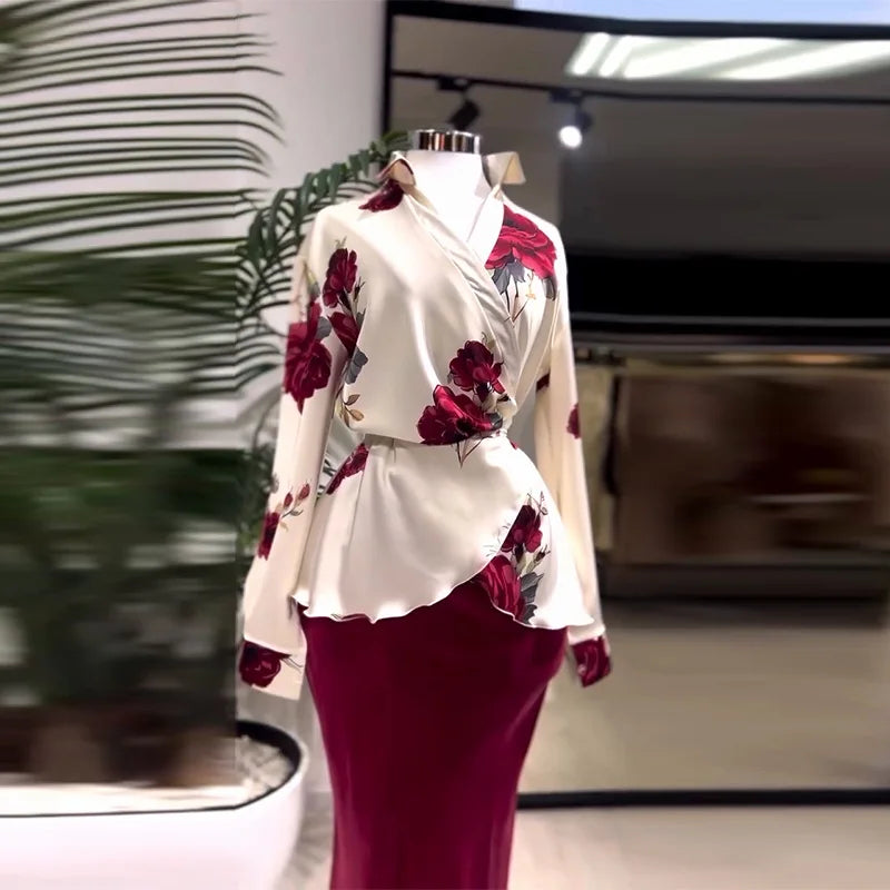 Two Piece Sets Women Skirt Set Turn Down Collar Print Floral Matching Sets Slim Fit Tight Waist Tops Long Skirts Y2k Streetwear