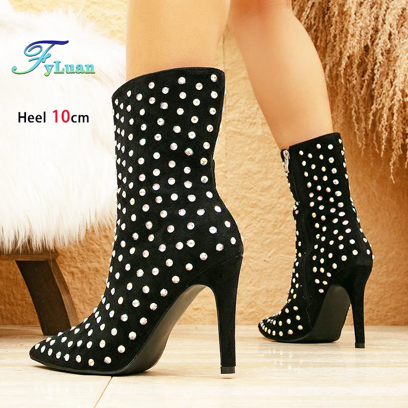 Black Pointed Mid Calf Suede Stiletto Heel Boots With Zipper For Women