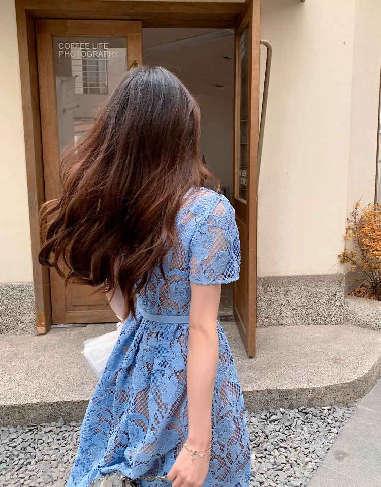 High-end Blue Heavy Lace Hollow Round Neck Short Sleeve Women's Summer Dresses New Elegant High Waist Slim Long Party Dress