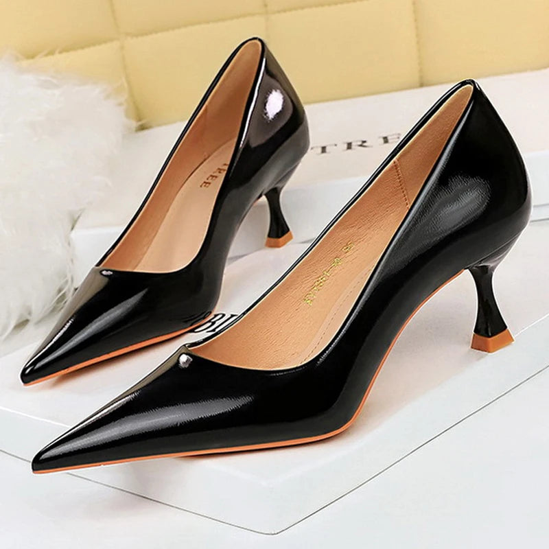 Classic Patent Leather Kitten Heel Office Pumps for Women