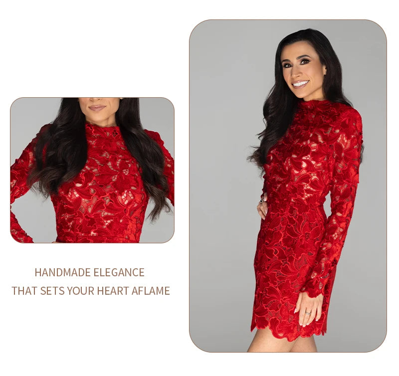 Retro Glamour Red Lace Waist-Cinched Mini Dress for Women