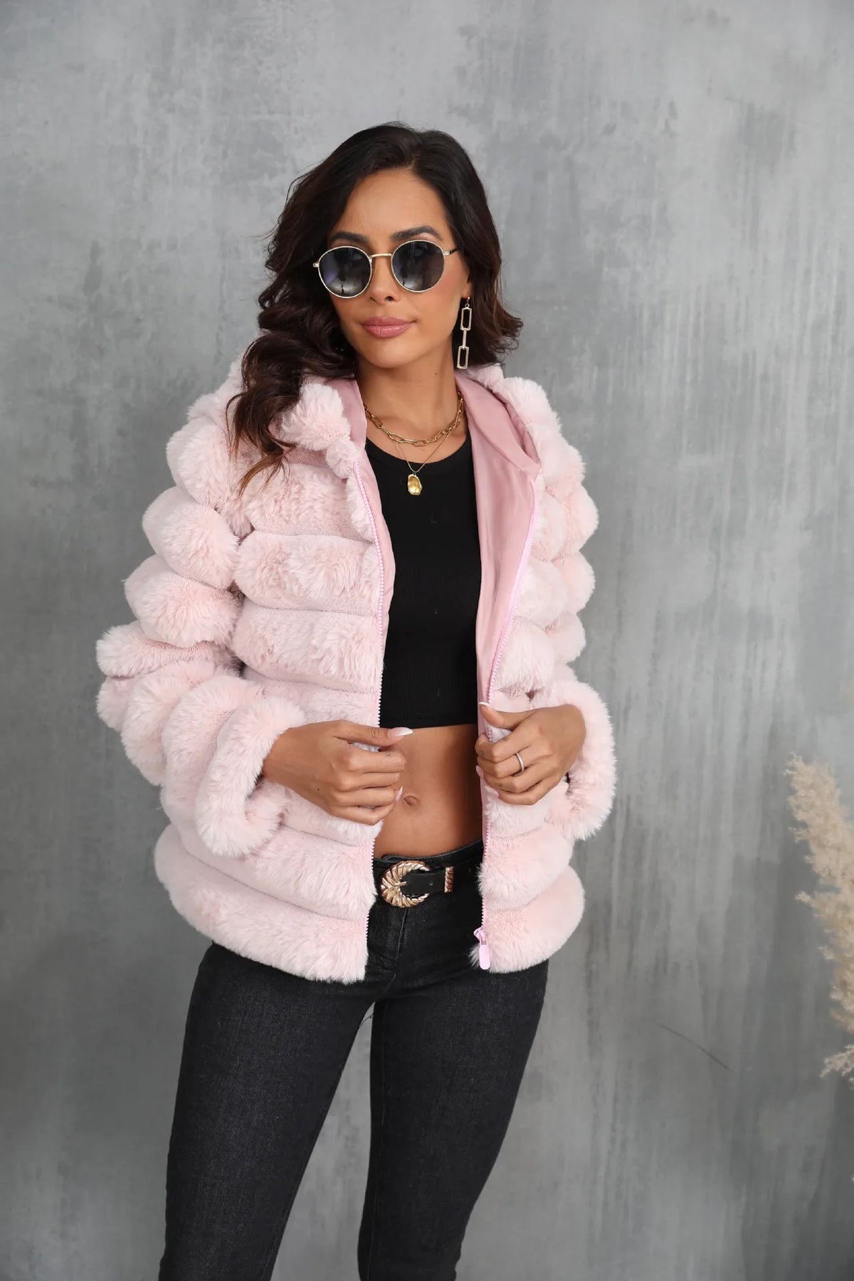 Warm Hooded Short Faux Fur Coat With Turn Down Collar for Women