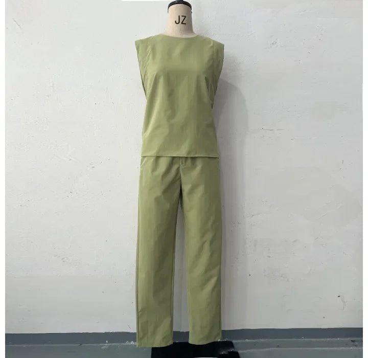 Fashion Women's Two Piece Set New Solid Round Neck Sleeveless Top and High Waist Pants Suit for Female Streetwear 2024 Summer