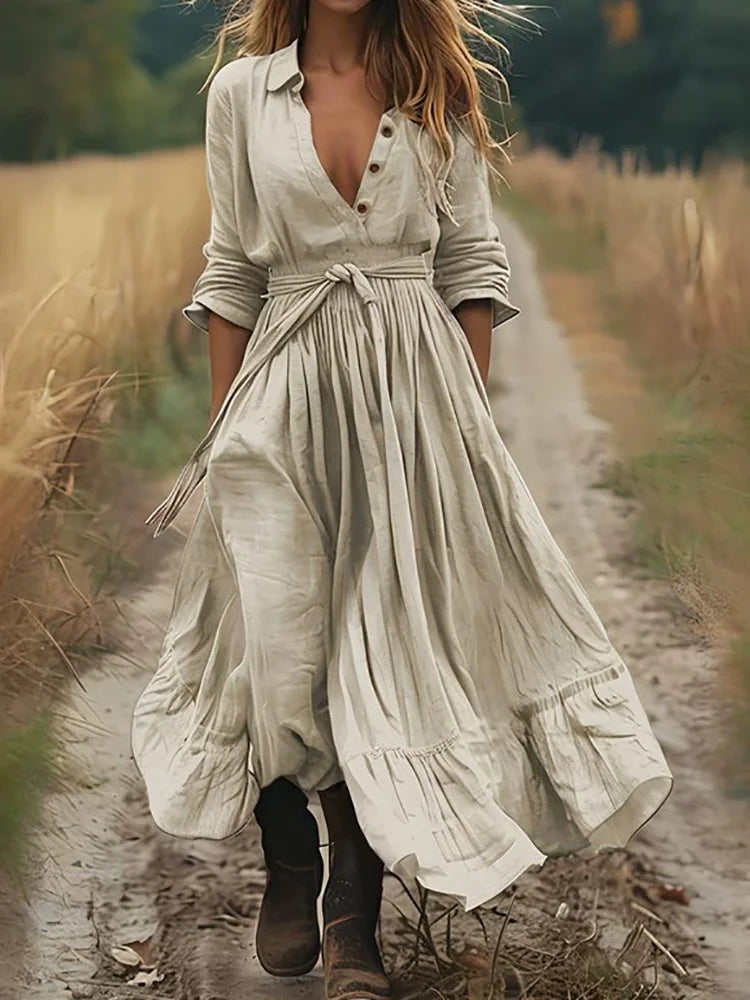 Turn-Down Collar Lace-Up Simple Maxi Dress, Women Spring Autumn Long Sleeve Chic Party Dress, Holiday Solid Elegant Ladies Dress