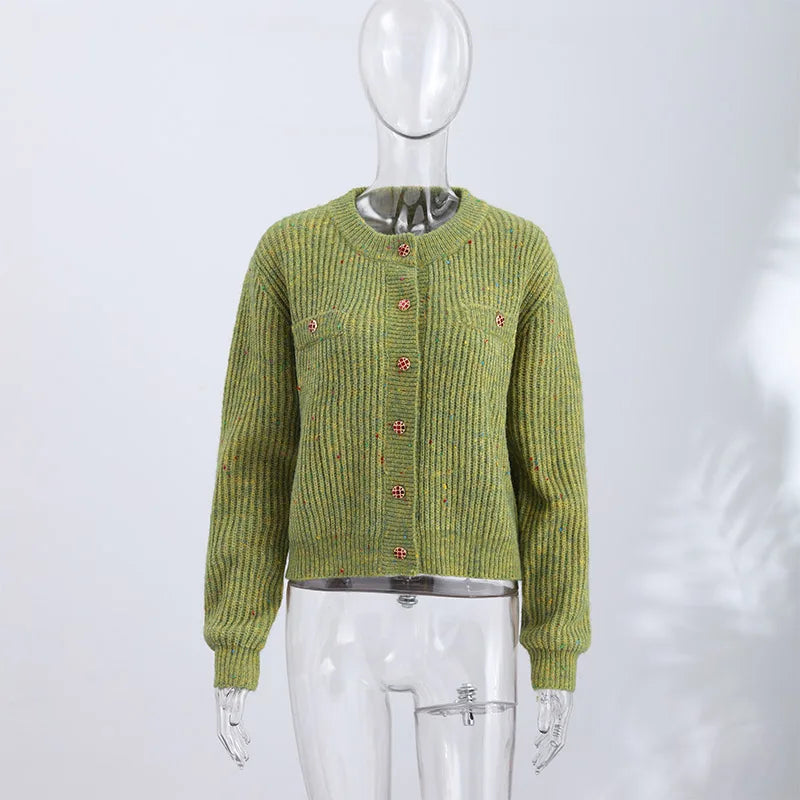 Blue Jacquard Stand Collar Zipper Cardigan for Women