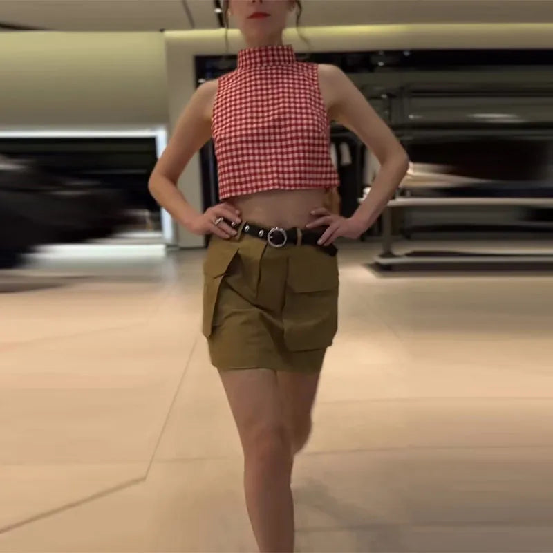 Casual Plaid Vest And Pleated Pants Set Beachwear for Women