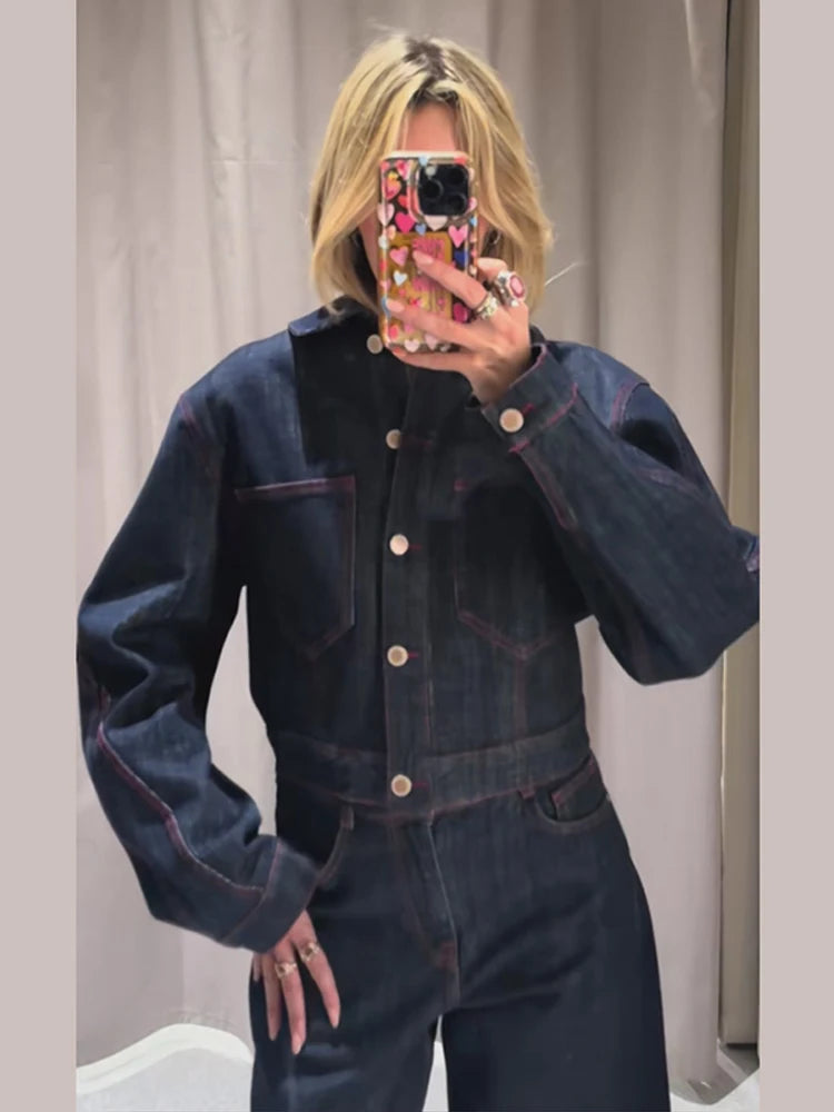Chic Heart Print Denim Coat and Pants Set for Women