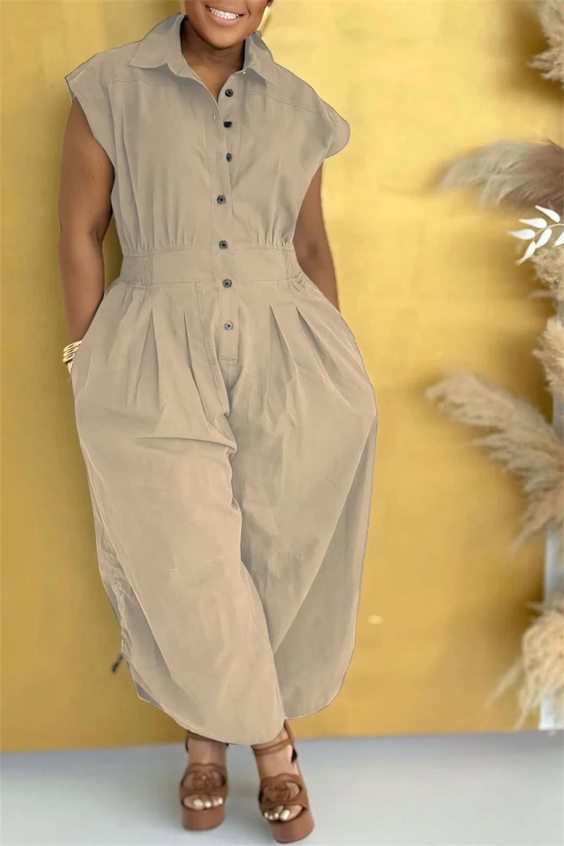 Doyerl Solid Casual Summer Jumpsuit Woman Clothing Turn-down Collar Button Up Sleeveless Loose Rompers One Piece Overalls 2025