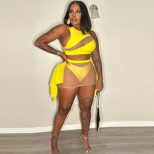 Sexy Mesh See-through Patchwork 2 Piece Sets Women Outfit Festival Clothing Tank Crop Top and Mini Skirt Set Night Club Outfits