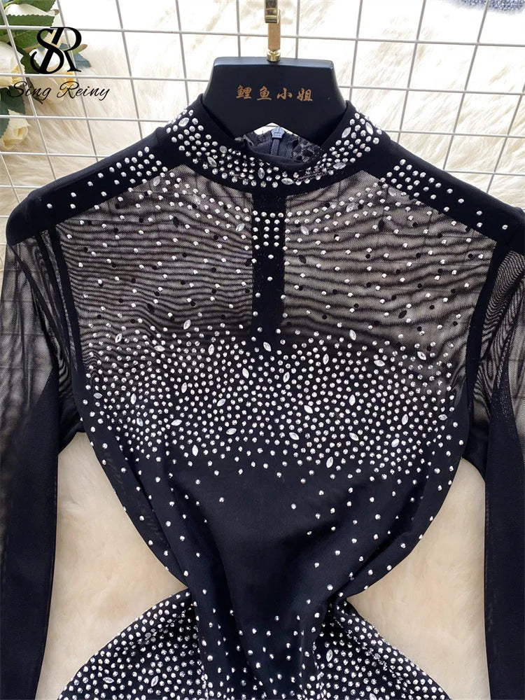 Sheer Long Sleeve Zipper Mesh Romper With Shorts for Women