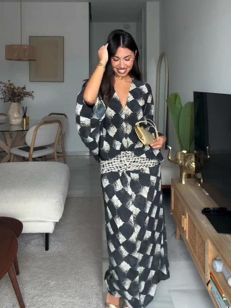 Casual Patchwork Print V Neck Maxi Dress for Women