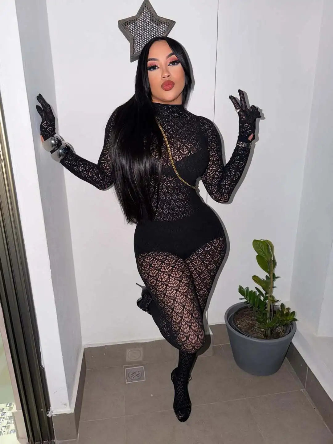 See Through Lace Hollow Out Patchwork Bodycon Jumpsuit for Women
