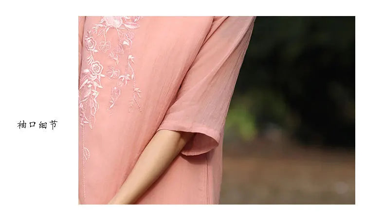 Elegant Floral Embroidered Ramie + Cheongsam Dress + for Women