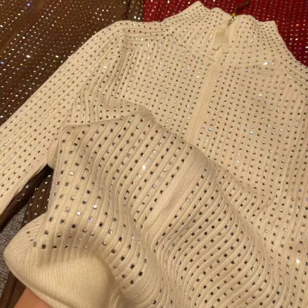 Luxury Style Sparkle Diamonds Autumn Winter 2025 Thick Knitted Cardigan Sweater Women's Long Sleeve Zipper Up Outwear Coat Top