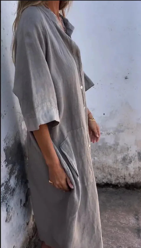 Loose Mid Calf Single Breasted Shirt Dress With Pockets For Women