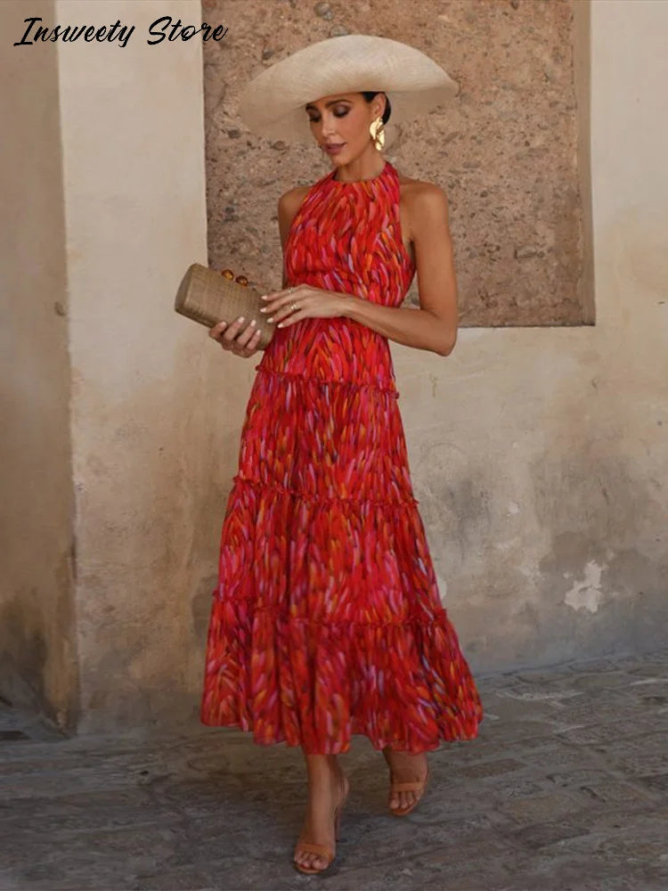 Printed Halter Neck Maxi Dress and Cropped Jacket Set for Women