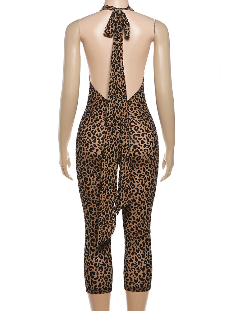 Leopard Print Backless Sleeveless Halter Romper for Women