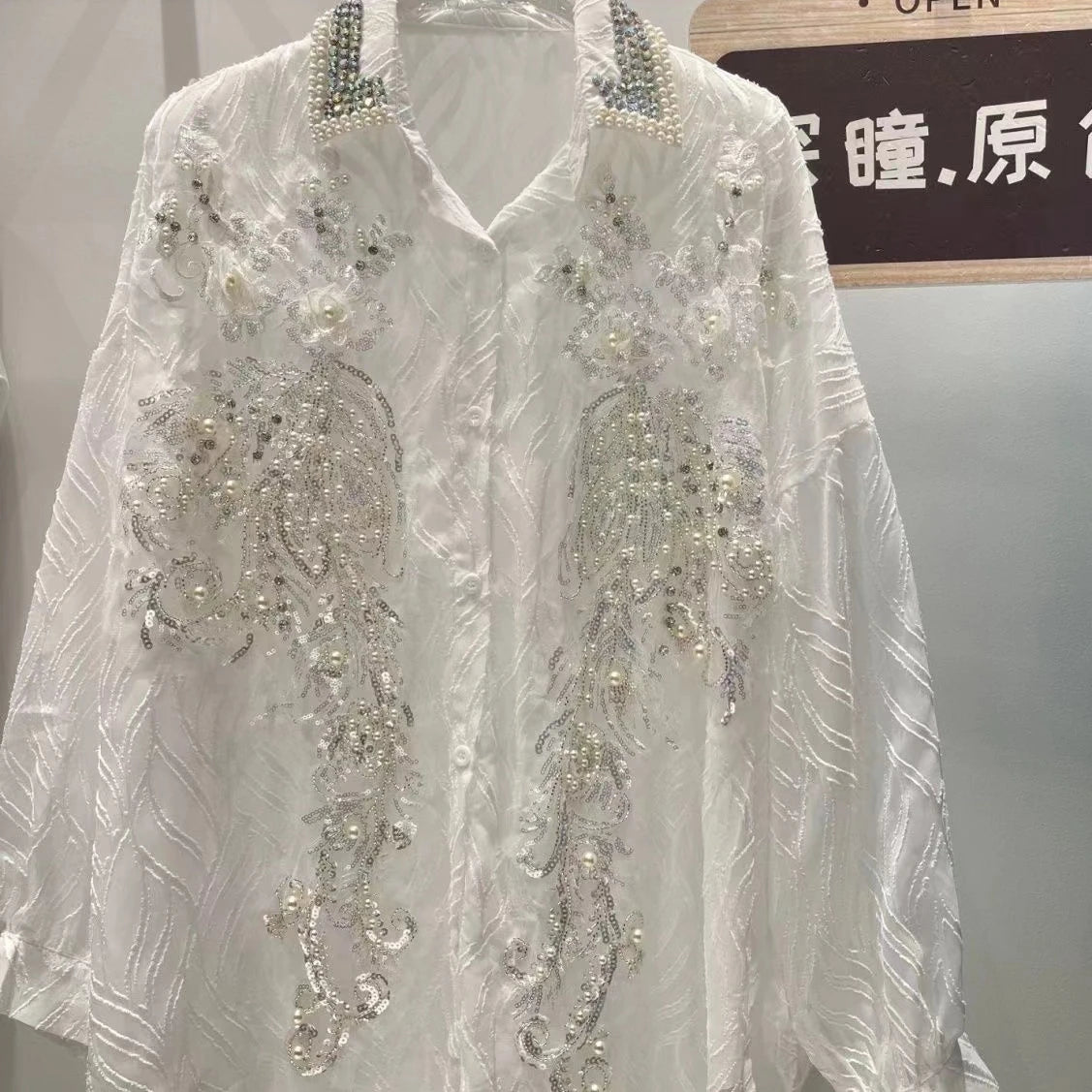 Sequined Embroidery Chiffon Long Sleeve Blouse for Women