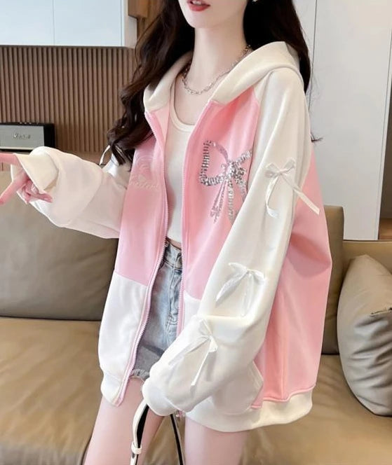 Woman Hooded Tops Bow Y2k Style Kpop Youthful Clothes Sweat-shirt Essential Matching Full Zip Up Hoodies Sweatshirt for Women
