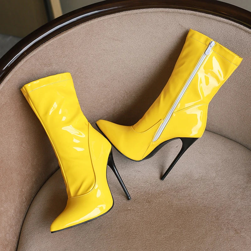 Pointed Toe Patent Leather Stiletto Ankle Boots for Women