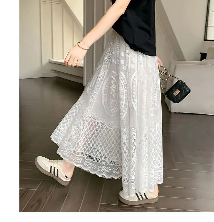 High Waisted Lace A Line Swing Midi Skirt for Women