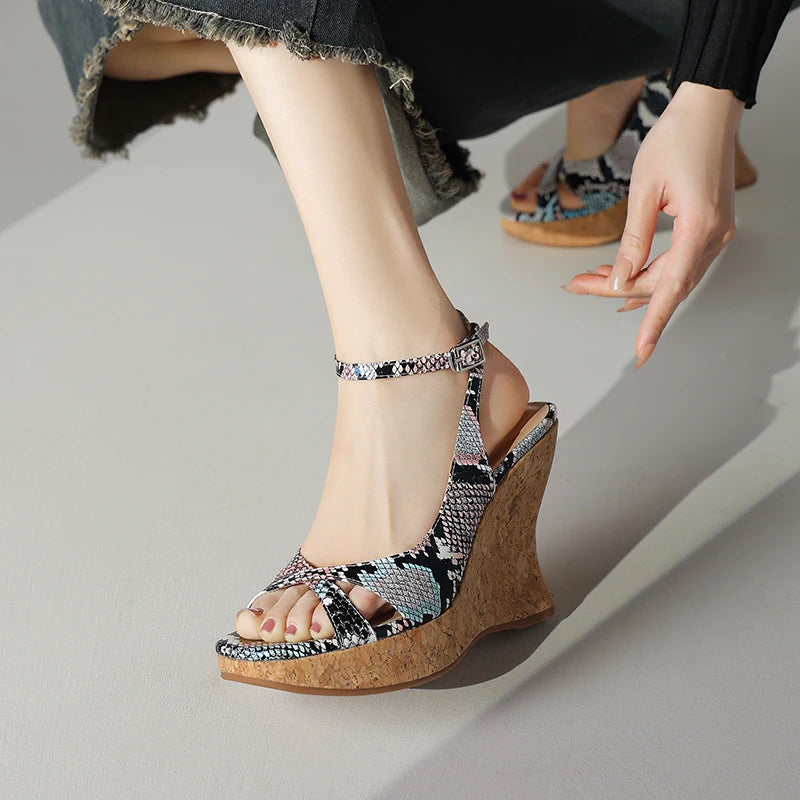 Snakegrain Textured Buckle Platform Wedge Sandals for Women