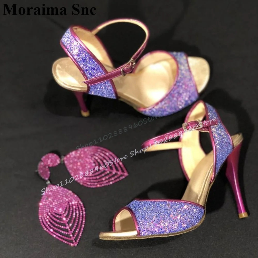 Sparkling Purple Glitter Peep Toe Sandals for Women
