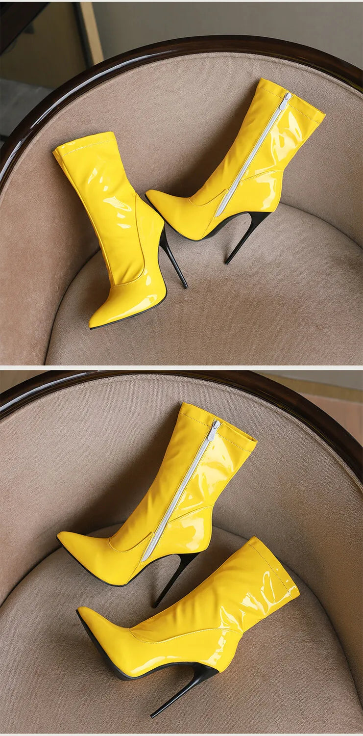 Pointed Toe Soft Patent Leather Side Zipper Stiletto Ankle Boots for Women