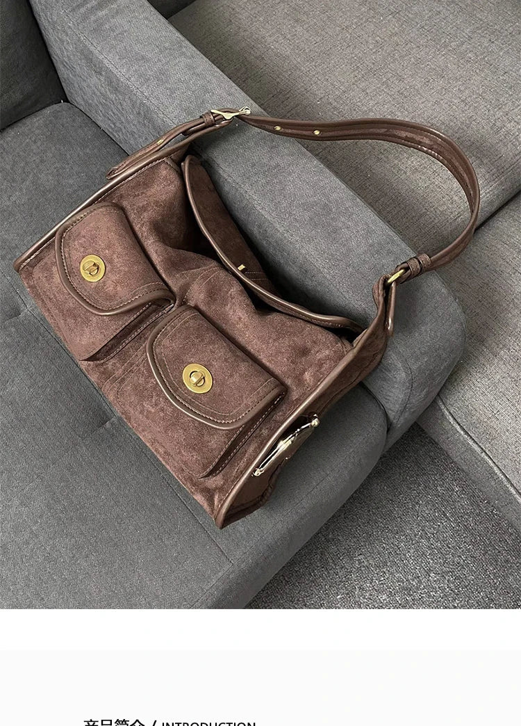 Casual Commuter Large Capacity Suede Pillow Bag Single Shoulder Crossbody Bag Vintage Style Polyester Lining Zipper Closure