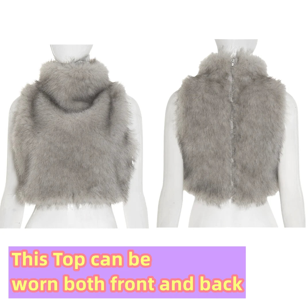 Autumn Fur Patchwork Backless Zipper Crop Top for Women