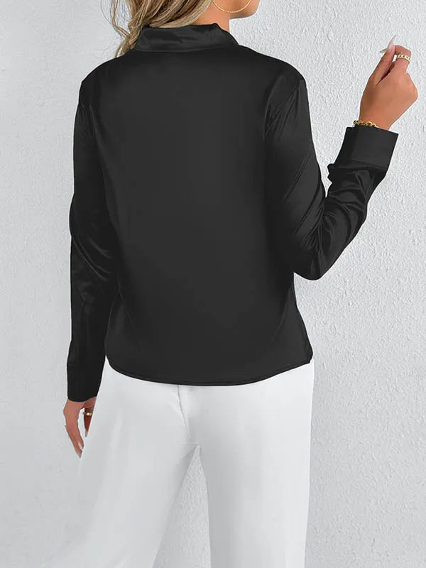 Bonboho 2026 New Women's Solid Color Silky Shirt V-neck Long Sleeves Elegant Blouse for Female Elegant Pullover Work Shirts