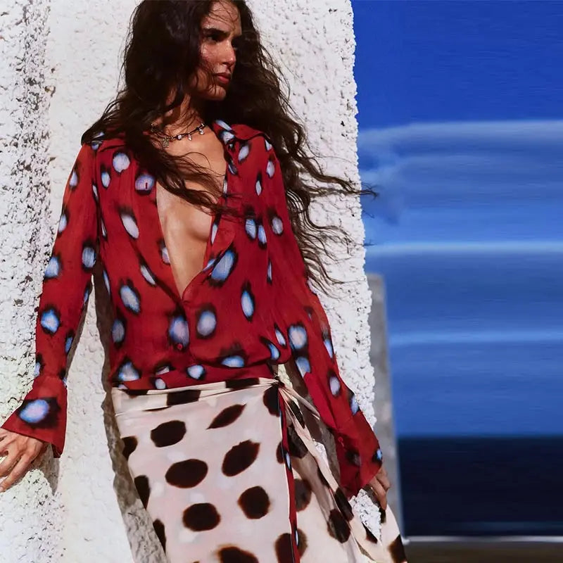 Elegant Vacation Print Shirt and Pants Set for Women