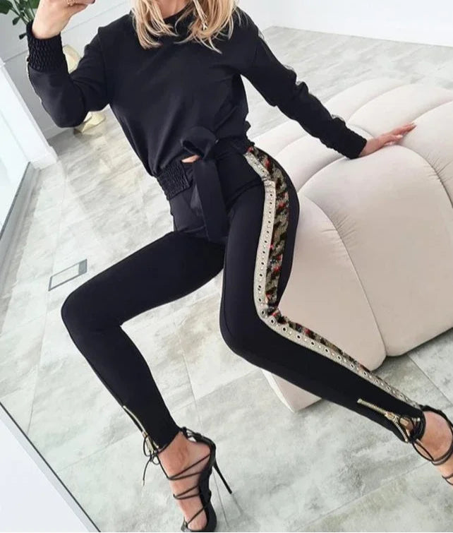 Skinny Two Piece Sets Womens Outifits Fashion Long Sleeve O-Neck Top & Contrast Sequin  Casual High Waist Pants Set 2024 Autumn
